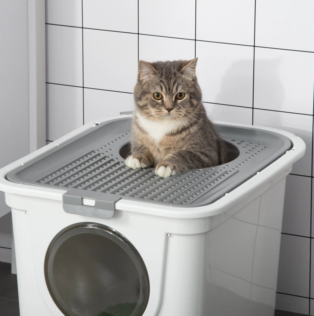 Toilette per gatti ULEVR con coperchio e paletta, doppio accesso, 44x55x39 cm, bianca