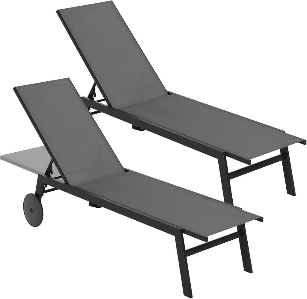 Set di 1/2 Sedie a Sdraio da Giardino con Ruote, Lettino Prendisole Reclinabile con Schienale Regolabile in 6 Posizioni, Lettino da Spiaggia in Tessuto e Metallo, Carico 150 kg (1, Caffè)