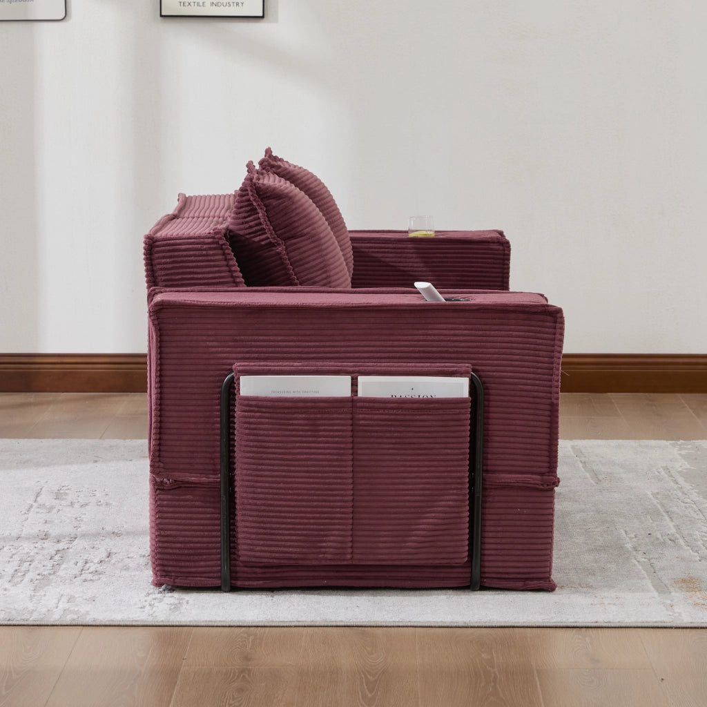 Divano pouf modulare in velluto a coste con cuscini 162x78x66 cm; rosso vino
