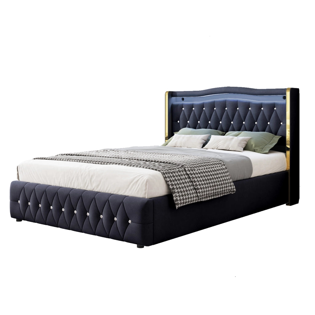 Letto imbottito con LED, contenitore idraulico e gambe larghe, 140x200 cm, velluto nero