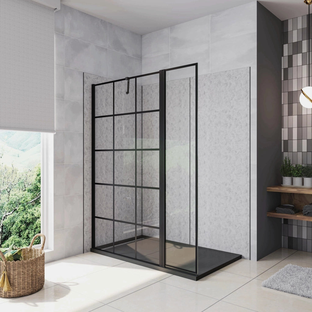 Box Doccia Parete Fissa 70x200cm con Paraspruzzo 30cm Vetro 8 mm Temperato Anticalcare Serigrafia Riquadri Neri Barra Stabilizzatrice Regolabile 73-120 cm