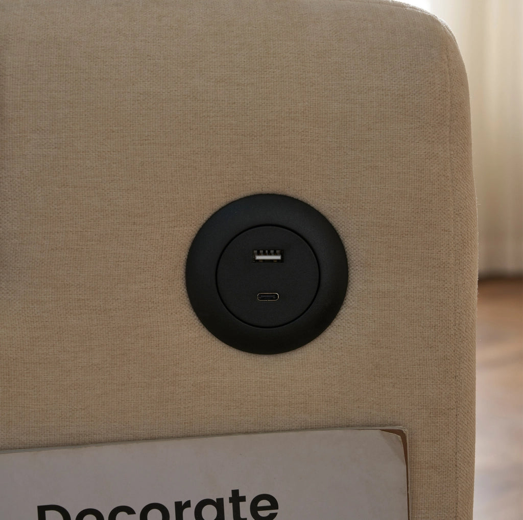 Divano letto estraibile 2 posti con schienale regolabile e porte USB in chenille beige