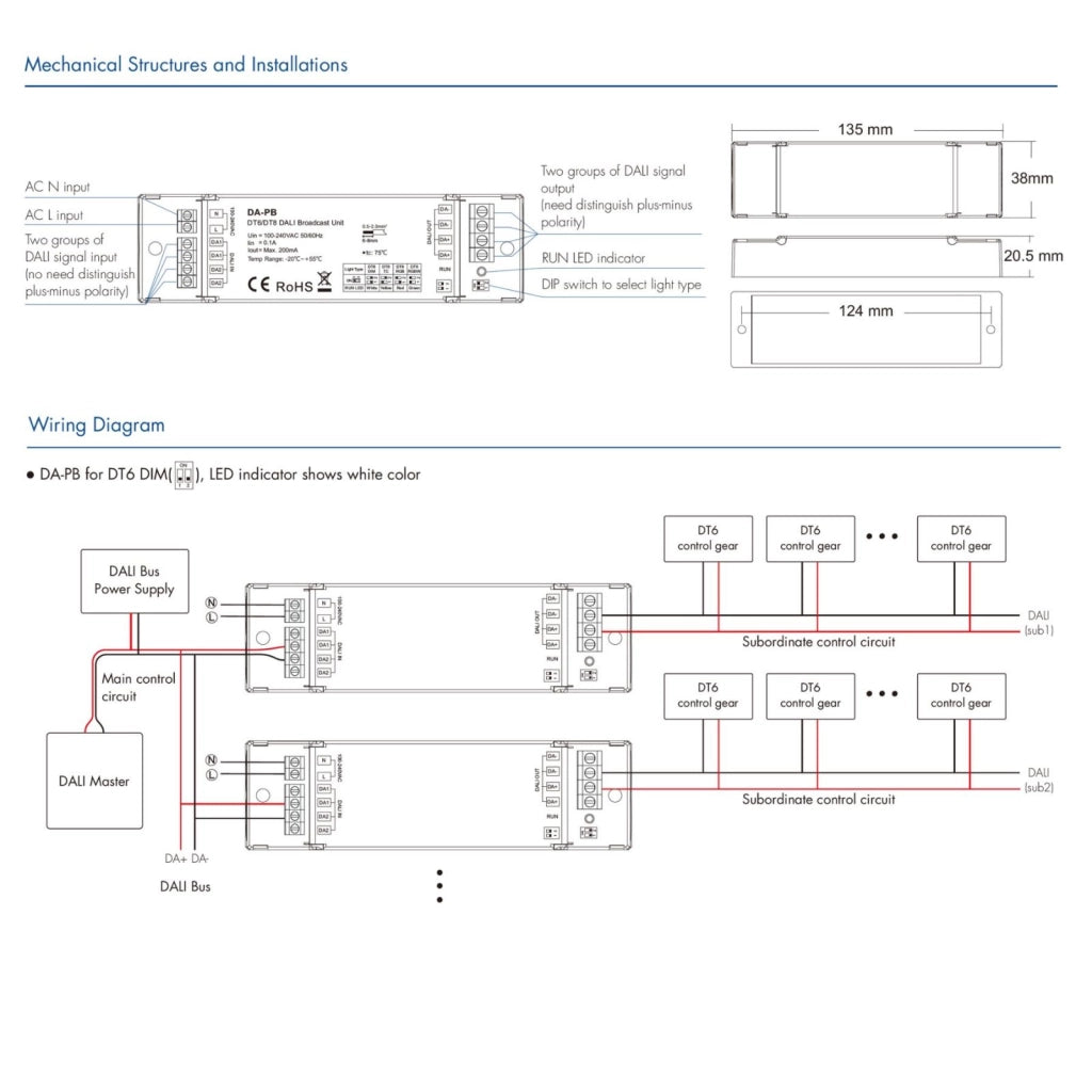 Unità Broadcast DALI DT6 DT8, Espansore Circuito Bus con Alimentatore Integrato Max 200mA, per DIM CCT RGB RGBW, AC220V