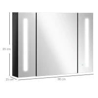 kleankin Armadietto con Specchio da Bagno a Parete in MDF con 3 Armadietti, 3 Ripiani e Luce LED, 90x15x65 cm, Nero
