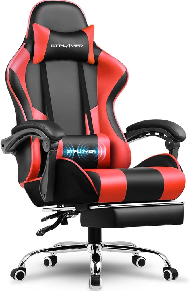 Sedia da gioco, sedia da ufficio, sedia ergonomica per PC, poltrona da gioco con supporto per massaggi, sedie Task con poggiapiedi e poggiatesta, in ecopelle rossa