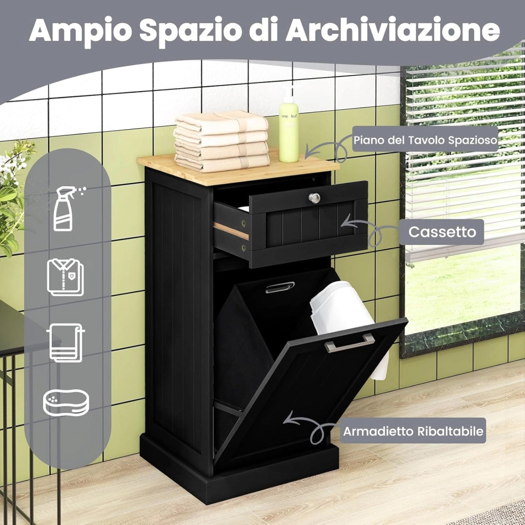 Mobile con Cesta Portabiancheria 40x37x82 cm, Cesto per Biancheria con Cassetto, Mobile Multiuso da Bagno (Nero)