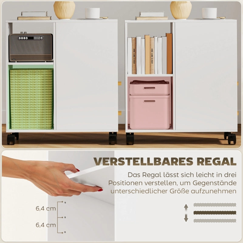 Mobile contenitore per stampante con 2 cassetti e 3 vani aperti, ripiano regolabile e ruote, per ufficio, bianco, 60 × 30 × 65 cm
