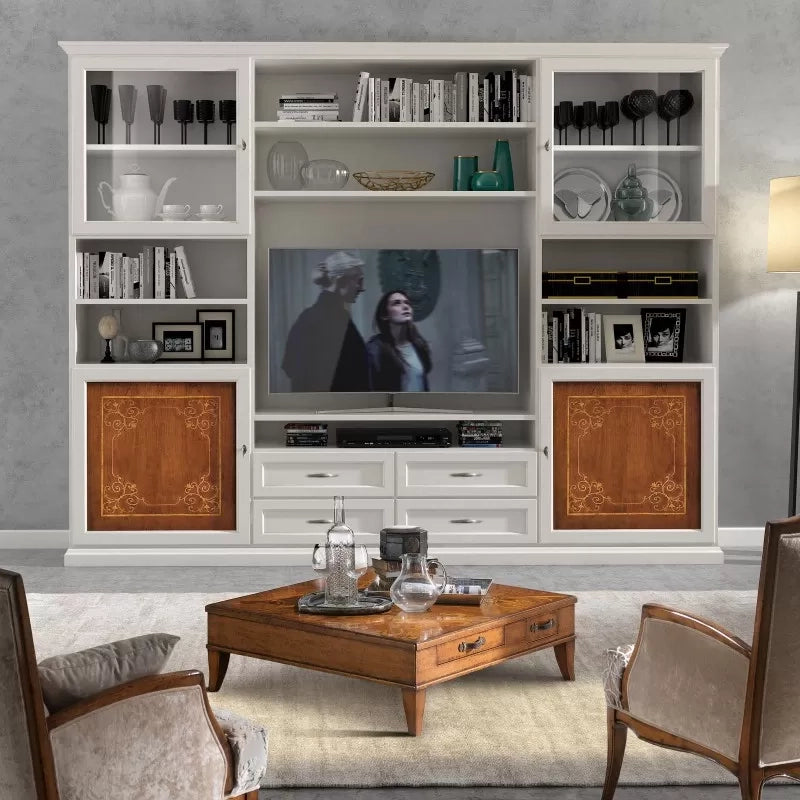 Parete attrezzata porta tv classica legno bianco e noce 300x46x240 - Mobili 2G