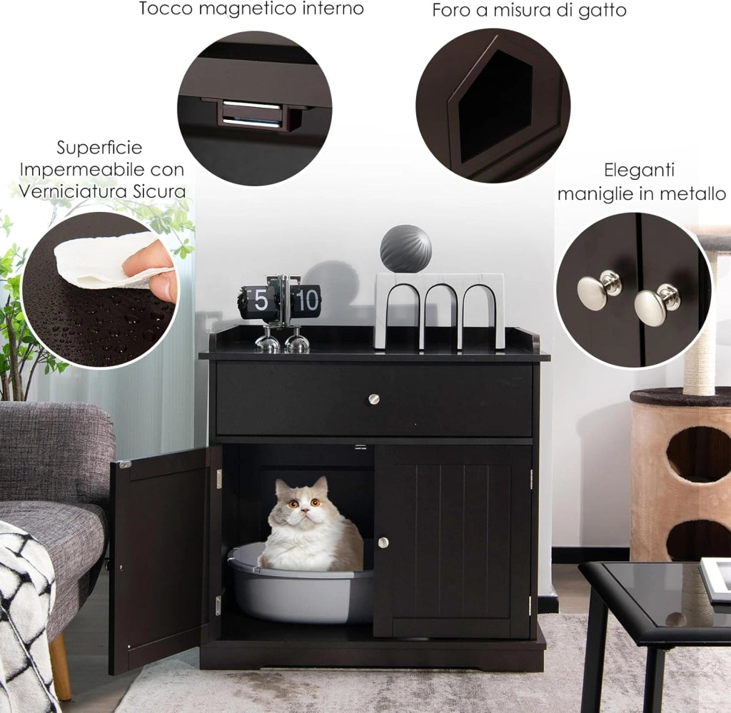 Mobile per Lettiera Gatti in Legno, con Portaoggetti, 2 Ante, Cassetto e Ingresso Laterale, Mobiletto Multiuso per Ingresso e Soggiorno, 76 x 53 x 74 cm, Carico Massimo 30 kg (Caffè)