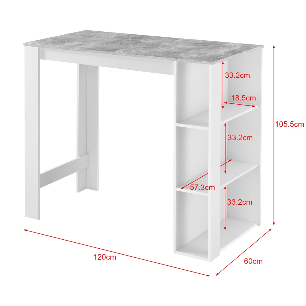 Tavolo Alto da Bar Danderyd Bancone a 3 Ripiani Laterali 120 x 60 x 106 cm - Bianco / Effetto Cemento [en.casa]