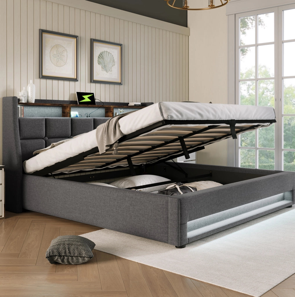 Letto imbottito 140x200 cm grigio con LED, USB e contenitore