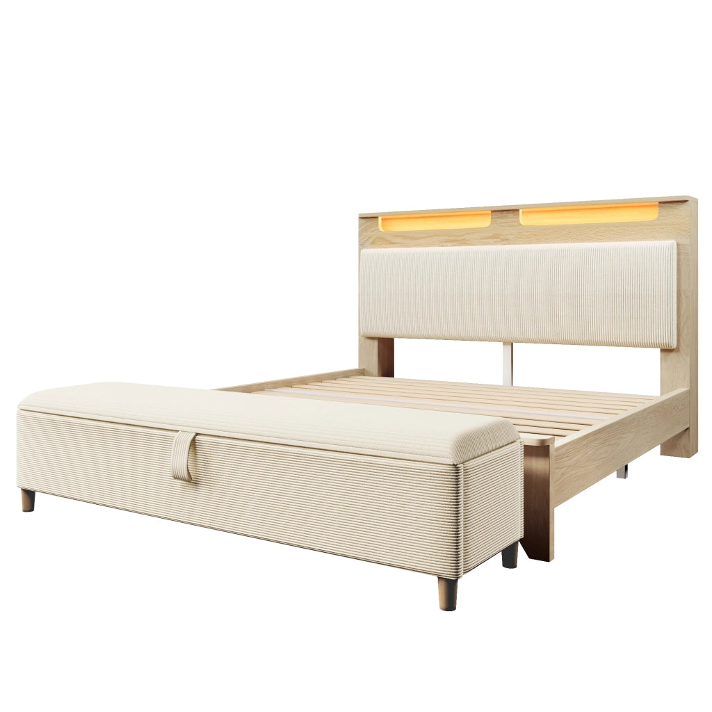 Letto in legno – 160x200 cm – panca contenitore LED testiera imbottita – rovere chiaro