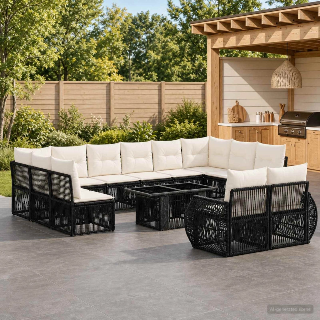 Set Divano da Giardino 13 pz Nero e Bianco Crema polyrattan 3437011