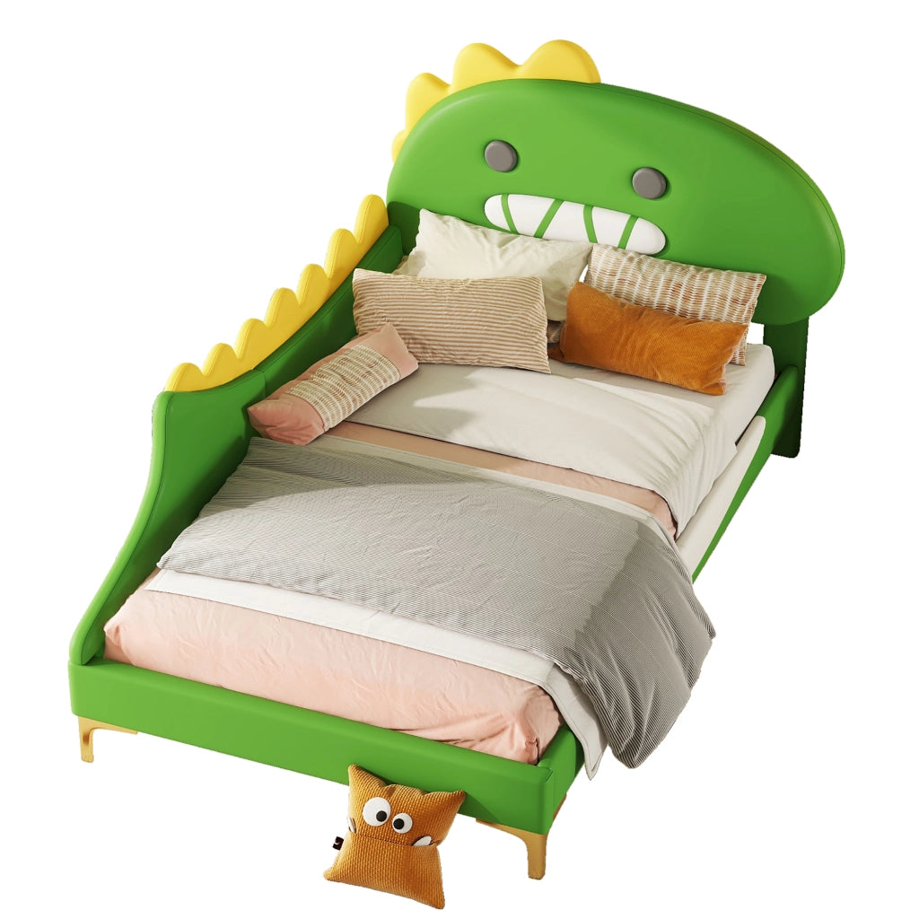 Letto a terra per bambini verde con testata a forma di dinosauro in PU 90x200 cm