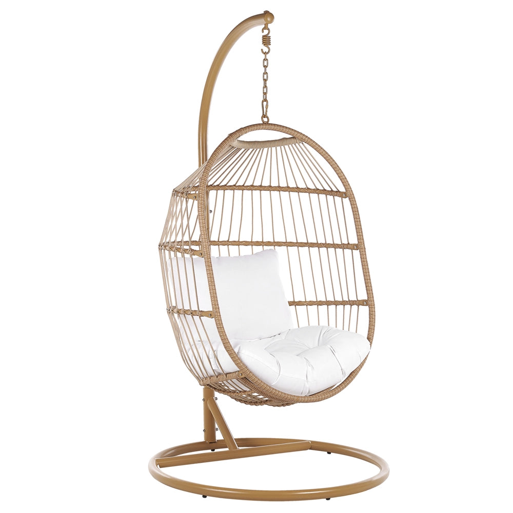 Sedia a uovo sospesa Sedile in corda beige Supporto in acciaio Cuscino morbido Boho Rustico