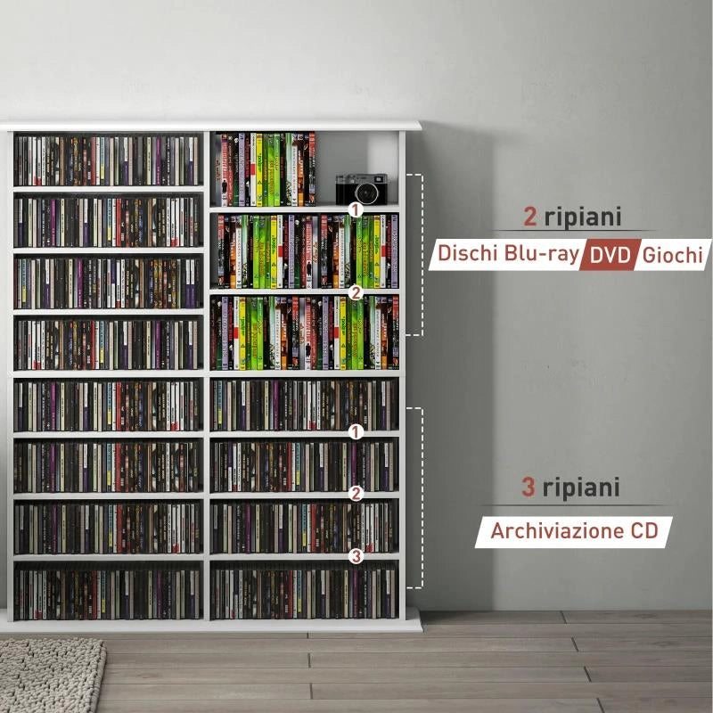 MOBILE LIBRERIA PORTA CD A 16 RIPIANI DAL DESIGN MODERNO IN LEGNO, 106.5X24X126.3 CM, BIANCO