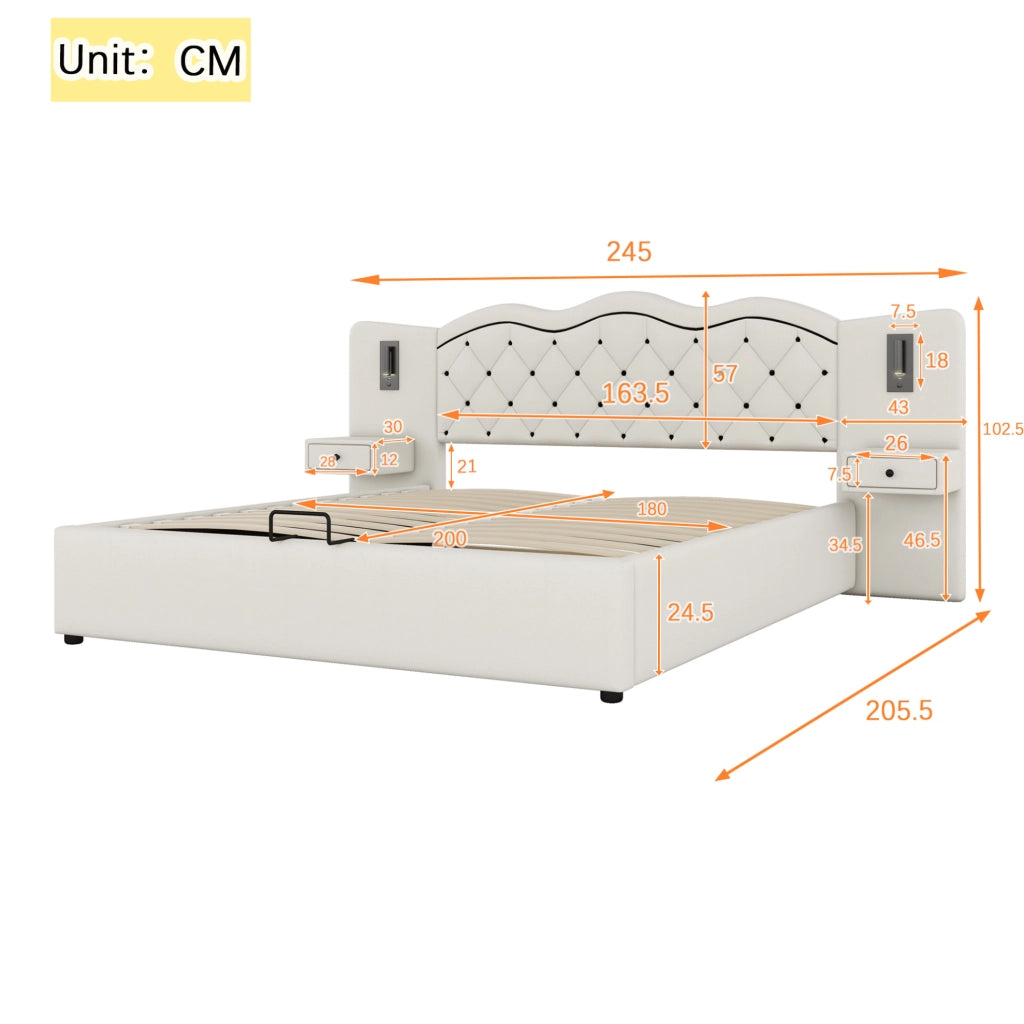 Letto imbottito 180x200 cm; alzata idraulica e luci; lino e MDF; beige