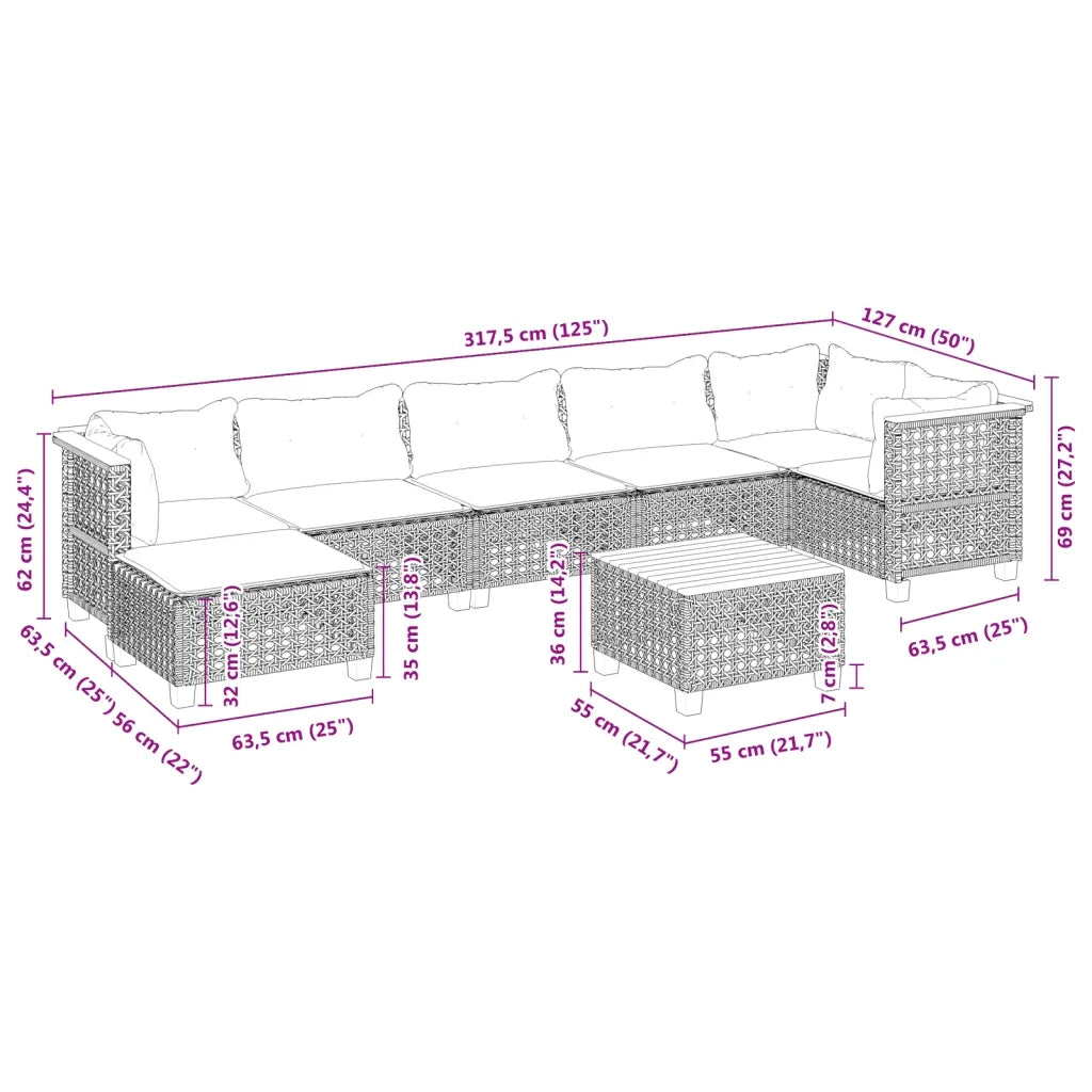 Set Divano da Giardino 8 pz con Cuscini Grigio in Polyrattan