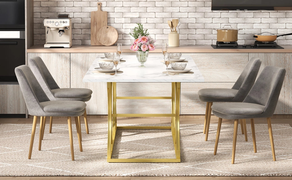Tavolo da pranzo 200x80 cm effetto marmo, per 8-10 persone, struttura in MDF con gambe oro