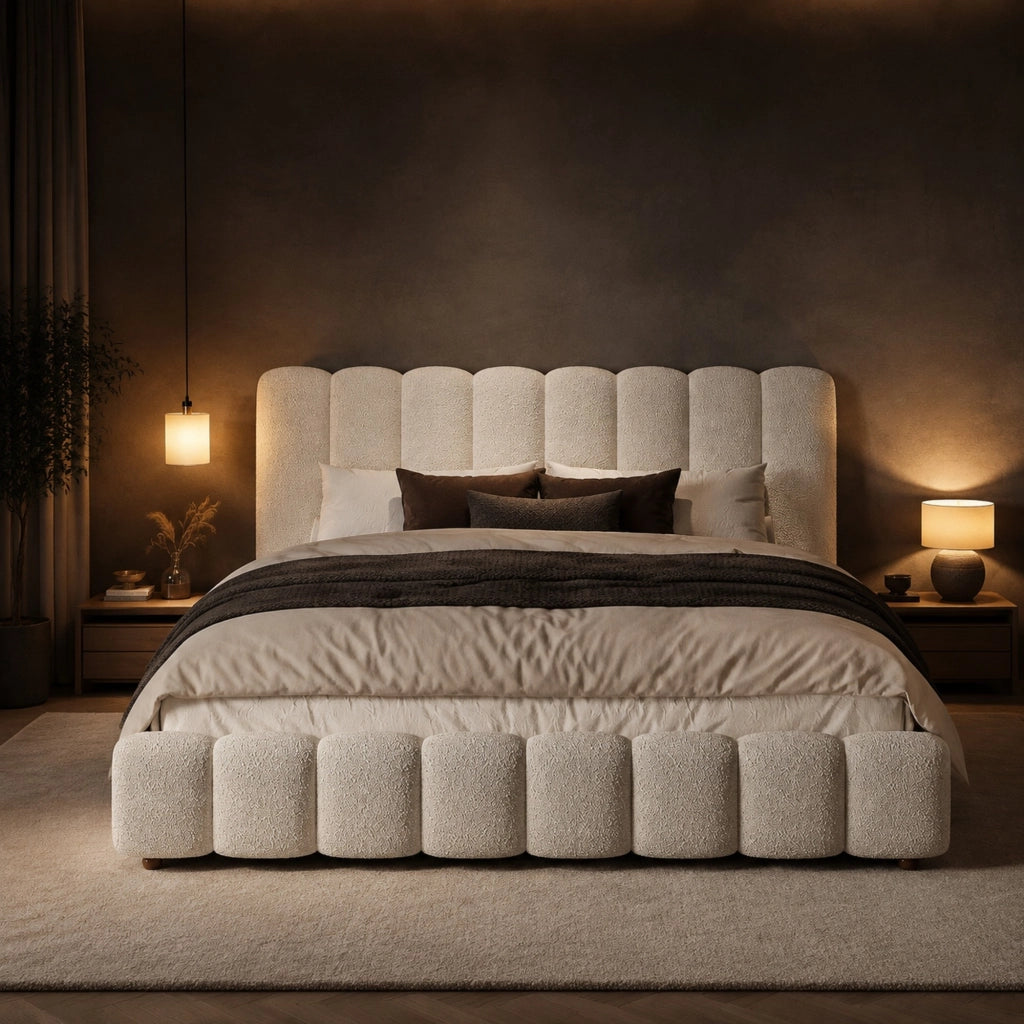 Letto matrimoniale contenitore 180x200 cm in bouclé bianco