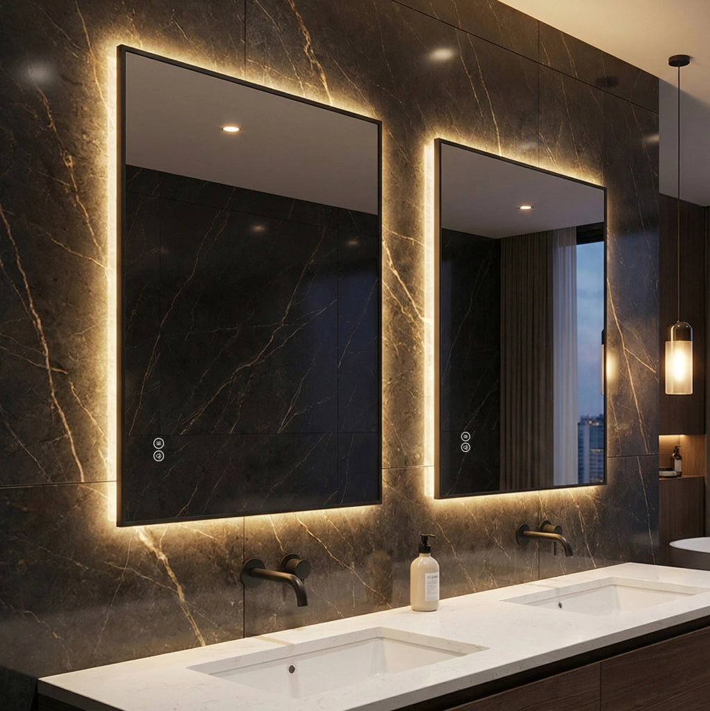 Specchio bagno LED ULEVR con cornice in alluminio, retroilluminazione, antiappannamento e luce dimmerabile