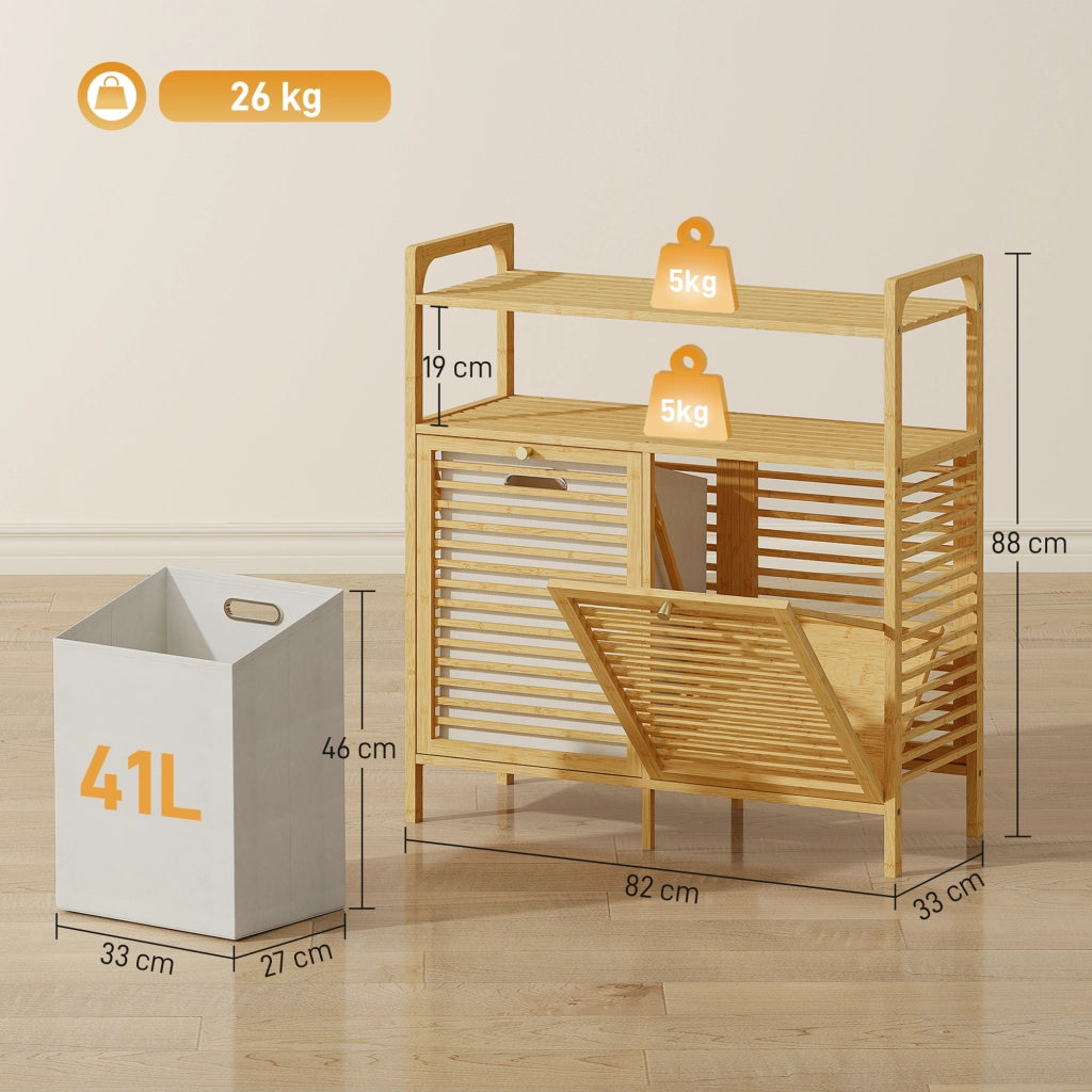 Mobile Portabiancheria con 2 Cesti da 41L e 2 Ripiani. in Bamb¨´ e Poliestere. 82x33x88 cm. color Legno e Crema