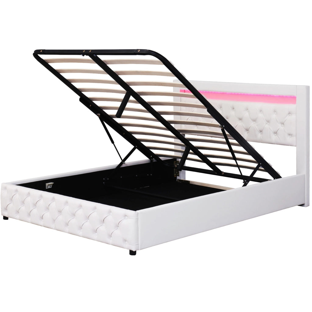 Letto imbottito 140x200 cm con LED; contenitore; rete a doghe; similpelle bianca