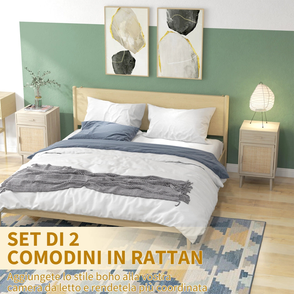 EasyComfort Set 2 Comodini per Camera da Letto con Cassetto e Anta in Rattan Stile Boho, Colore Legno