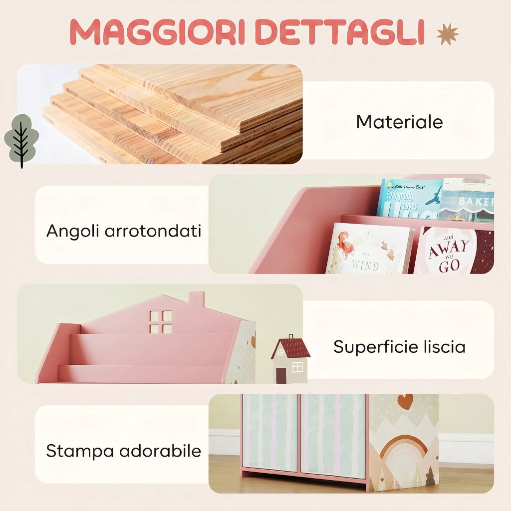 Libreria per Bambini a 3 Livelli con Cassetti e Scaffali, in Legno e Tessuto, 62.5x30x91.5 cm, Rosa
