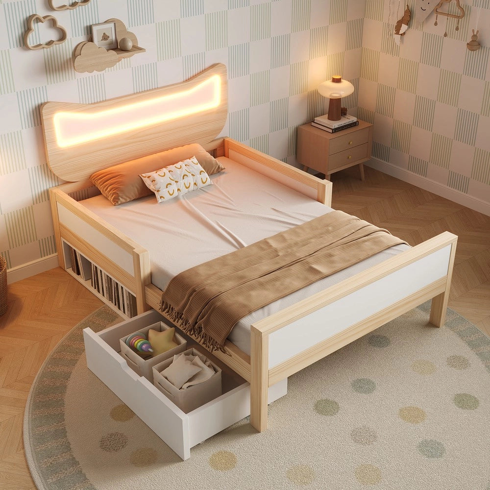 Letto Bambini con Testiera Orecchie di Gatto, LED RGB, Cassetto e Rete a Doghe ¨C Xylo ¨C Bianco/Rovere 90x190