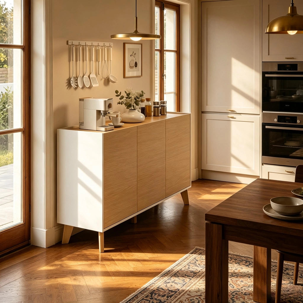 Cucina a buffet, mobile contenitore in stile nordico, 3 ante, 6 scomparti