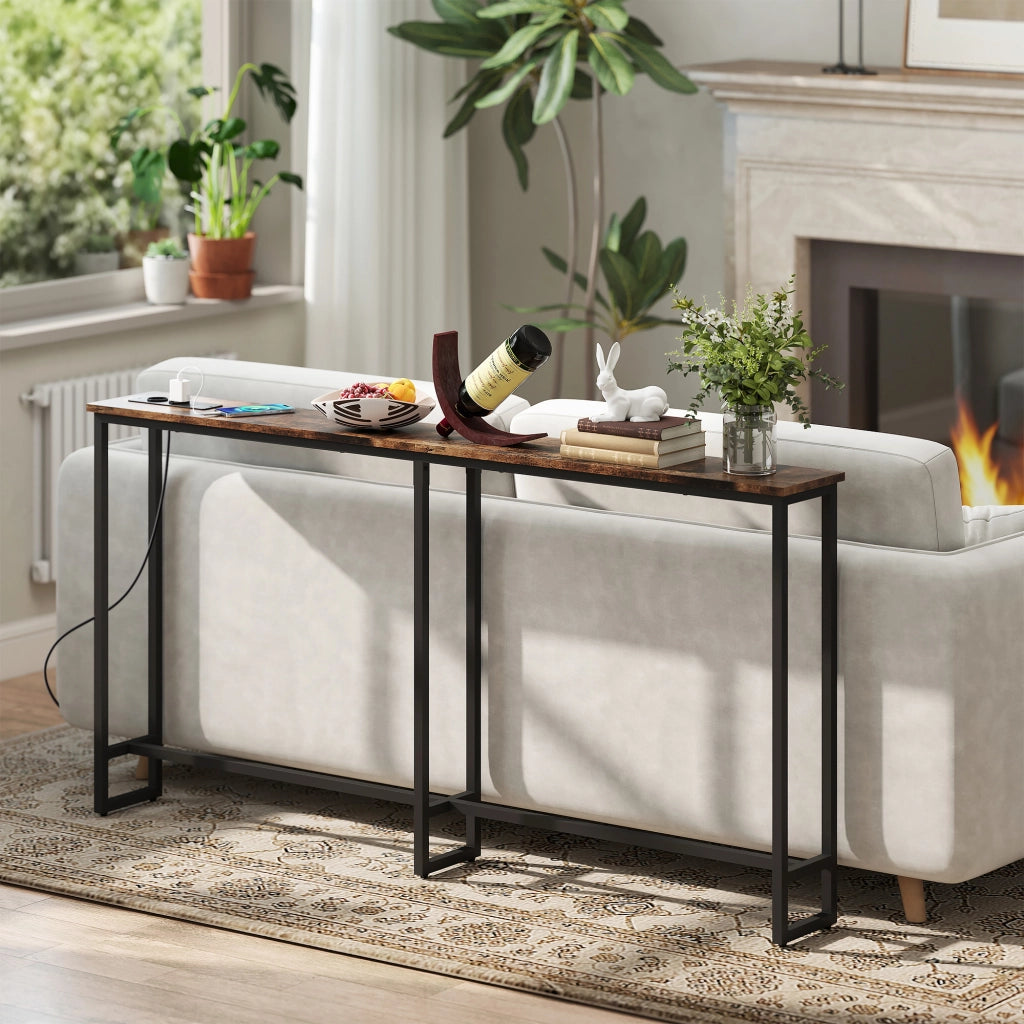 Tavolo console con stazione di ricarica ¨C Zephmum ¨C telaio in acciaio, marrone