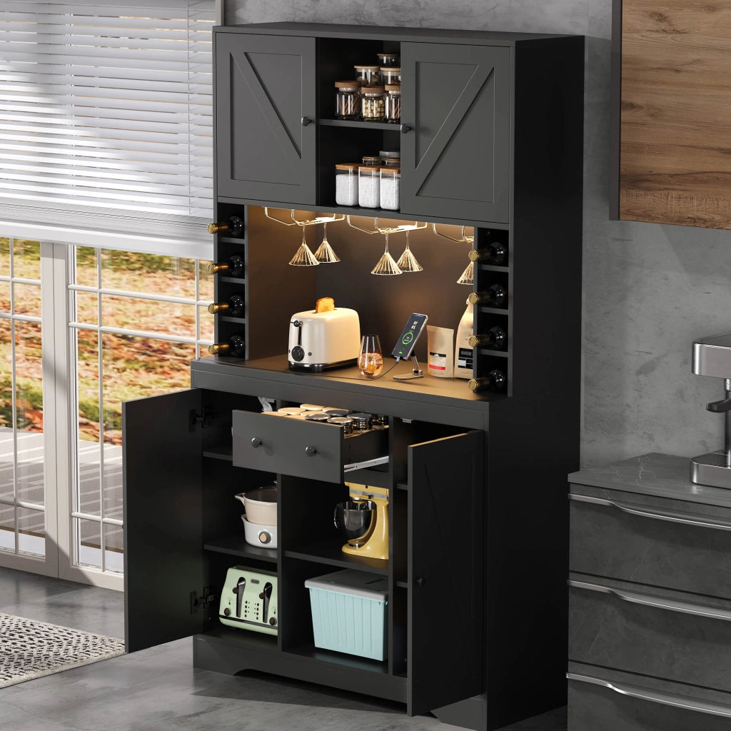 Buffet da cucina alto 180x105x40 cm con LED RGB, prese integrate, cassetto e portasciuggetti