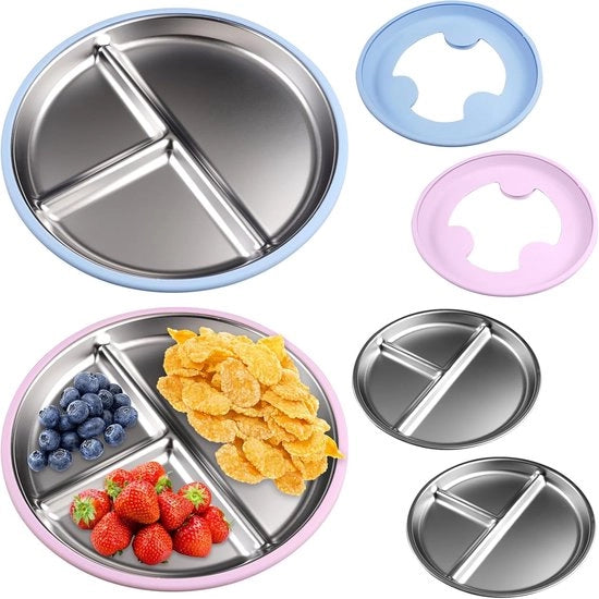 Due piatti in acciaio inossidabile per bambini - divisi con morsetti - 23 cm - acciaio inossidabile - morsetti antiscivolo - facile da pulire - BPA-free - tavolo per bambini termoresistente con morsetti (blu)