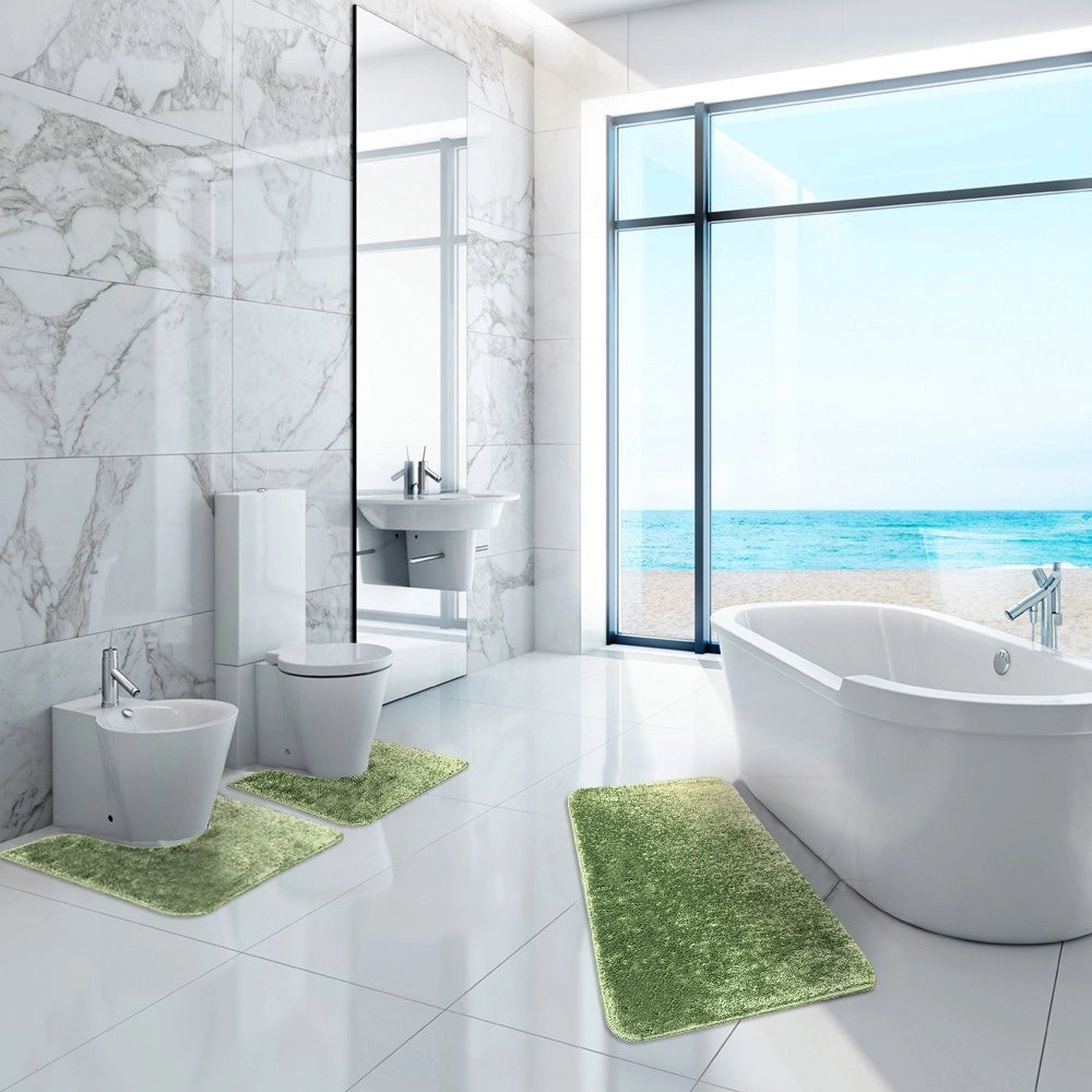 Tappeto Bagno Camera Scendiletto Doccia Vasca Antiscivolo Assorbente Shaggy Soffice IBISCO A Parure 3 Pezzi - Verde