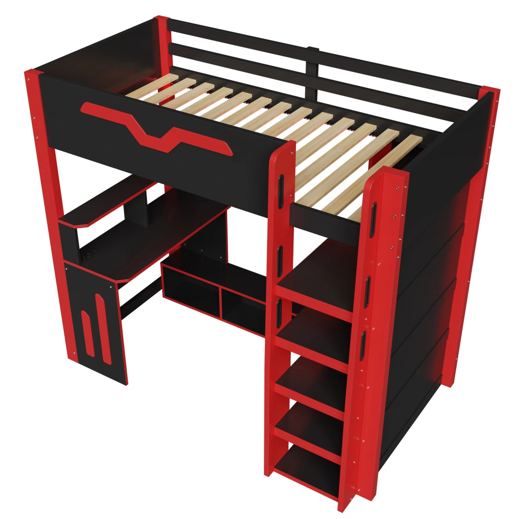 Letto a soppalco 90 × 200 cm con scrivania, LED e scala con contenitore, senza materasso, nero rosso
