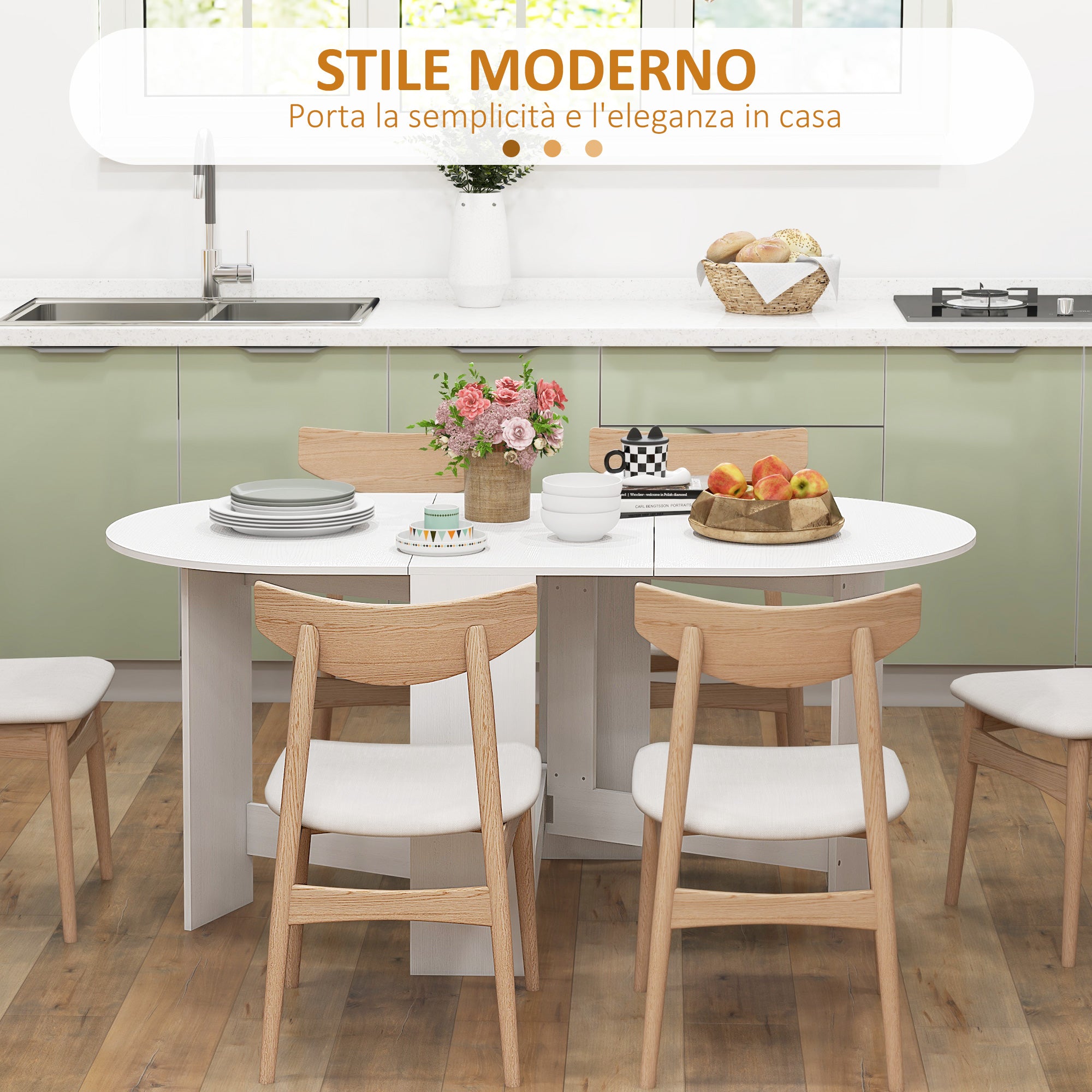 Tavolo Pieghevole da Pranzo 163x80x75 cm con 2 Ribalte Ovale in Legno Bianco