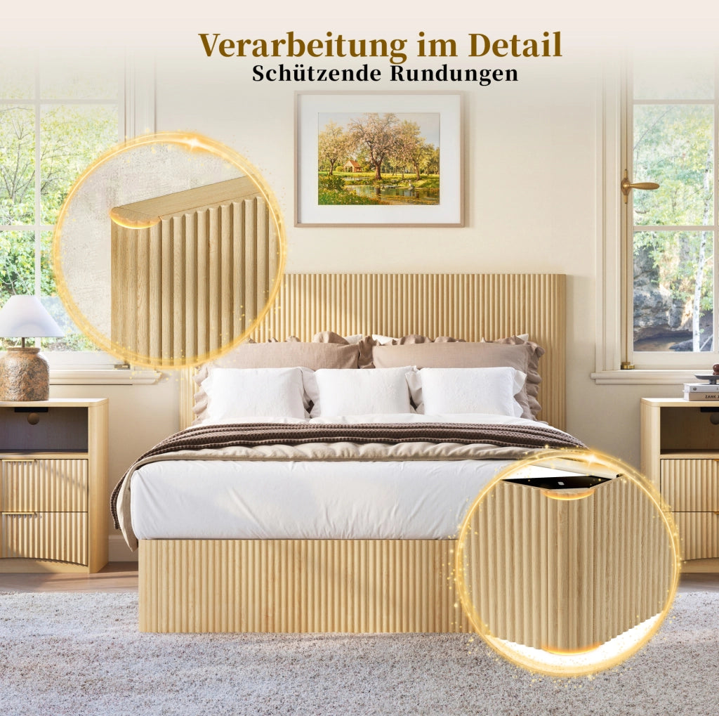 Letto contenitore 140 x 200 cm con sollevamento idraulico; MDF e metallo; rovere chiaro