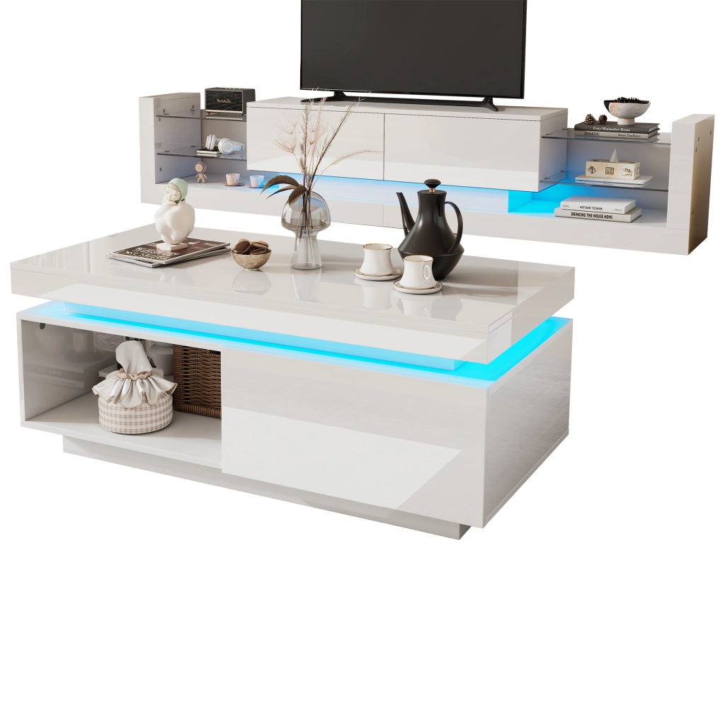 OKWISH Set 2 Mobile TV e Tavolino da Salotto, con LED e Vano Contenitore, Pannelli Lucidi, in Truciolare Bianco