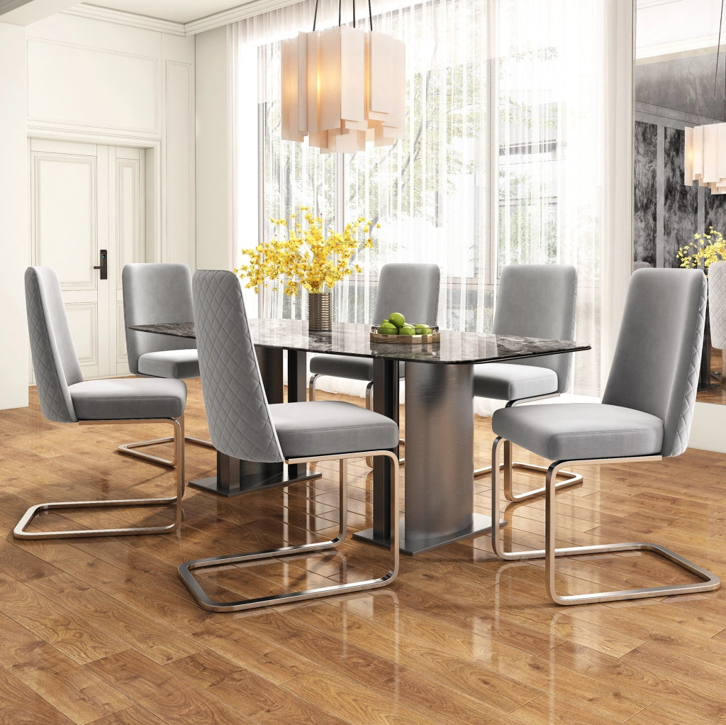 Set di 4 sedie da pranzo in velluto con schienale a rombi e gambe in metallo grigio