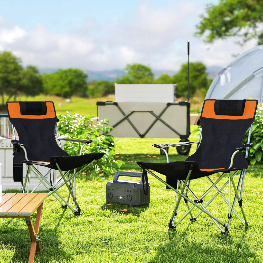Set 2 Sedie da Campeggio 82x50-100x88 cm Pieghevoli con Poggiapiedi e Portabicchieri in Tessuto Oxford Nero e Arancione
