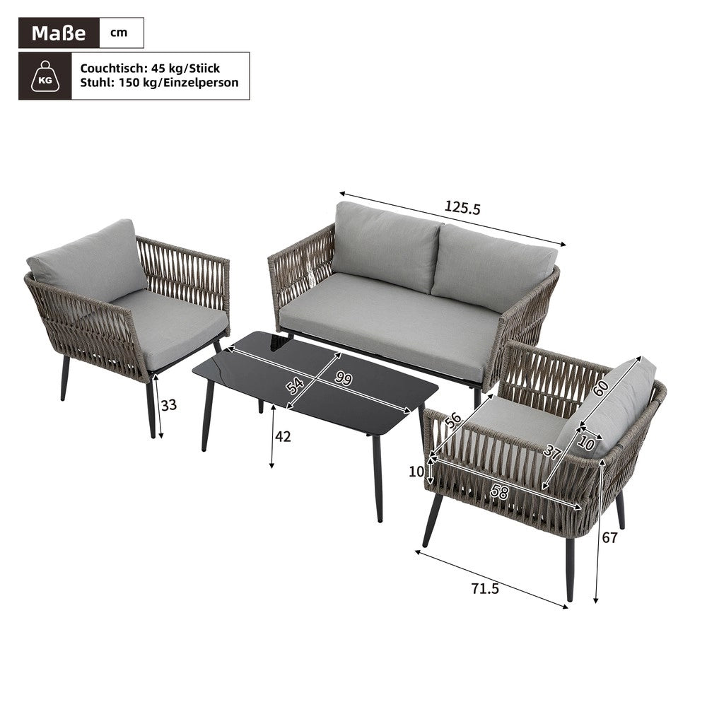 Set Salotto da Giardino con Divano 2 Posti, 2 Poltrone e Tavolino ¨C Xylo ¨C Polyrattan Grigio, Vetro Nero