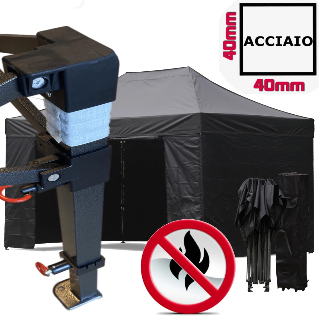 Gazebo 3x4,5m nero certificato IGNIFUGO pieghevole portatile estendibile richiudibile estensibile acciaio con laterali per fiere eventi stand chiosco tenda tendone mercato mercatino