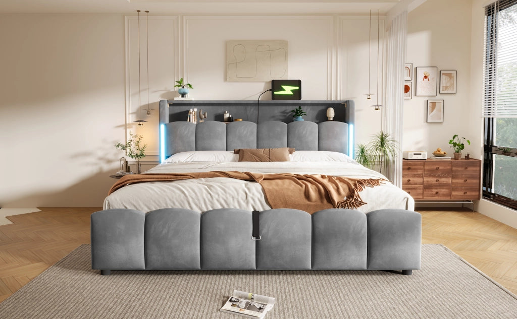 Letto imbottito 180x200 cm in velluto grigio con LED; contenitore e porte USB