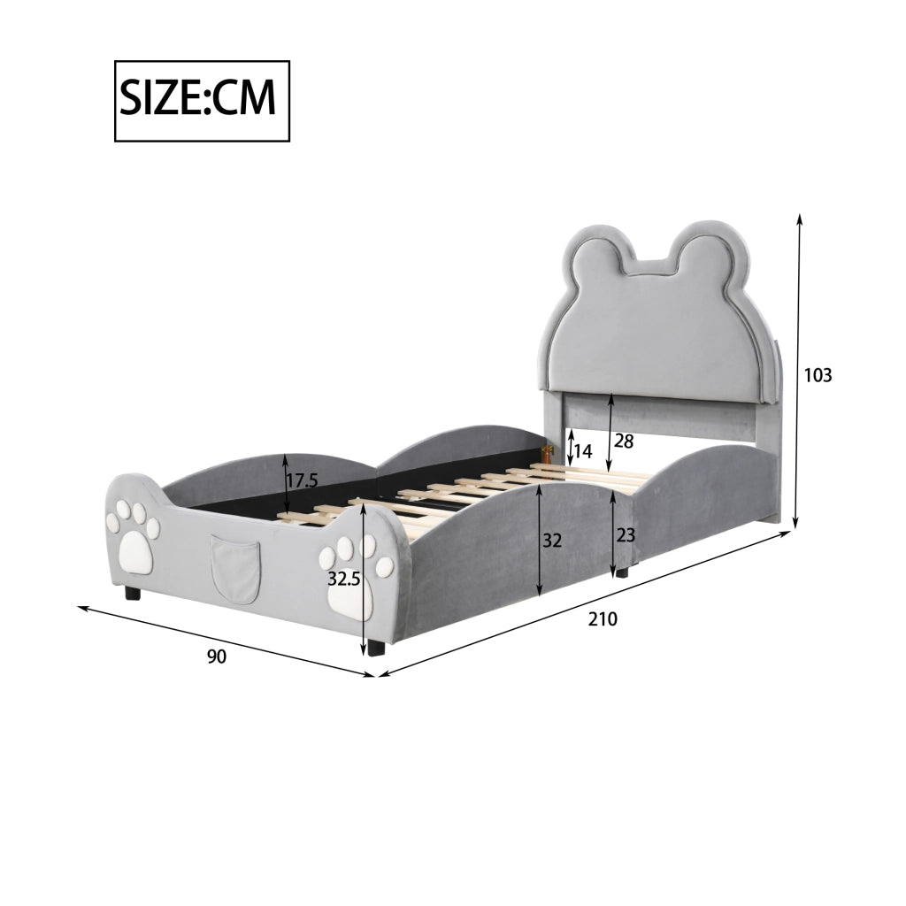 OKWISH Letto Bambino 90×200 cm, Letto Singolo con Testiera a Forma di Orso e Rivestimento in Velluto, senza Materasso, Grigio