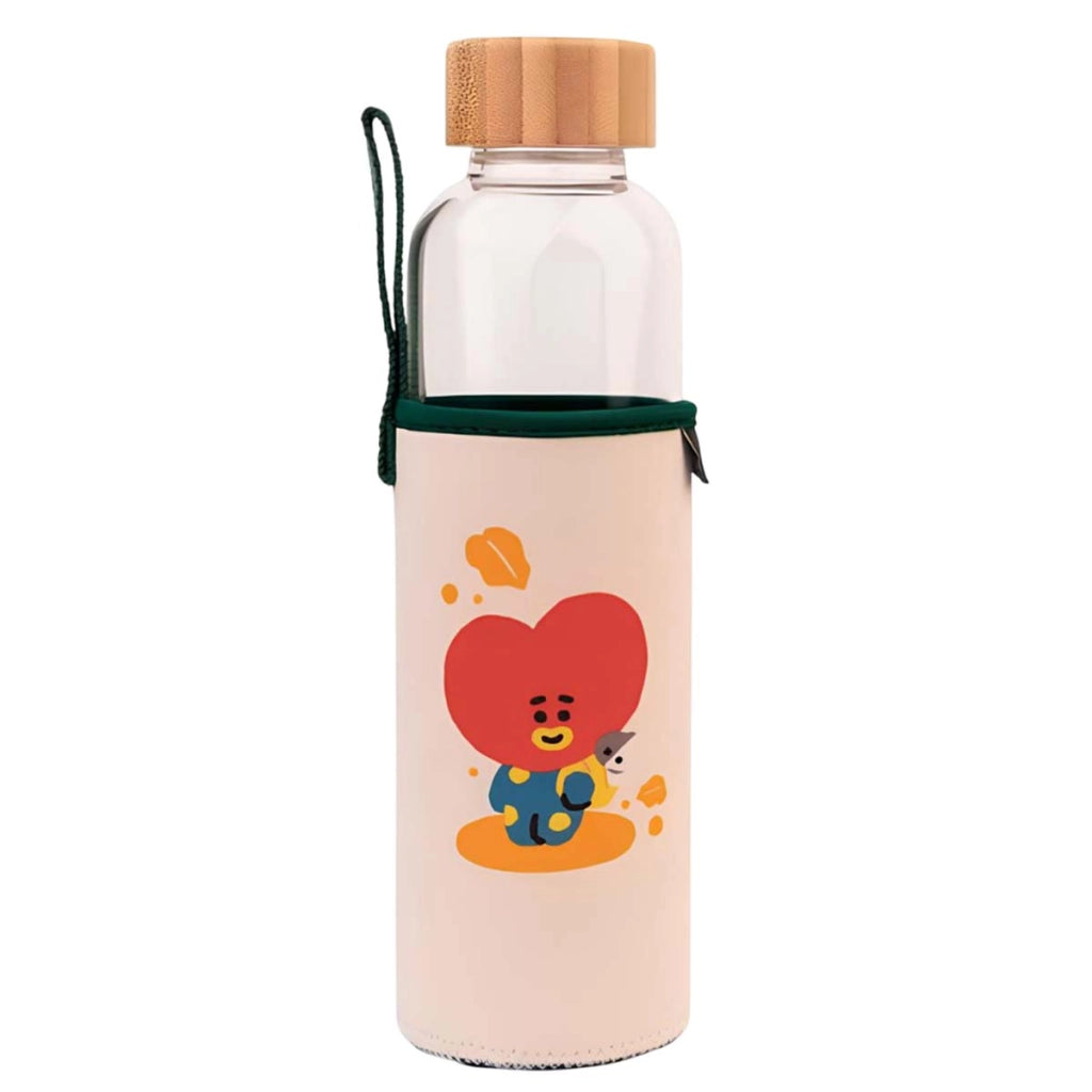 Borraccia in vetro riutilizzabile da 500 ml con motivo TATA e custodia Bianco / Verde Line Friends BT21