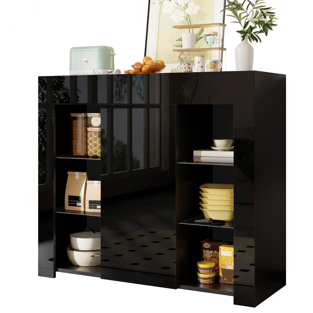 Credenza con 1 Anta e Ripiani in Vetro; Frontale Lucido; Stile Moderno; in Pannello Truciolare; 95??35??83 cm; Nero