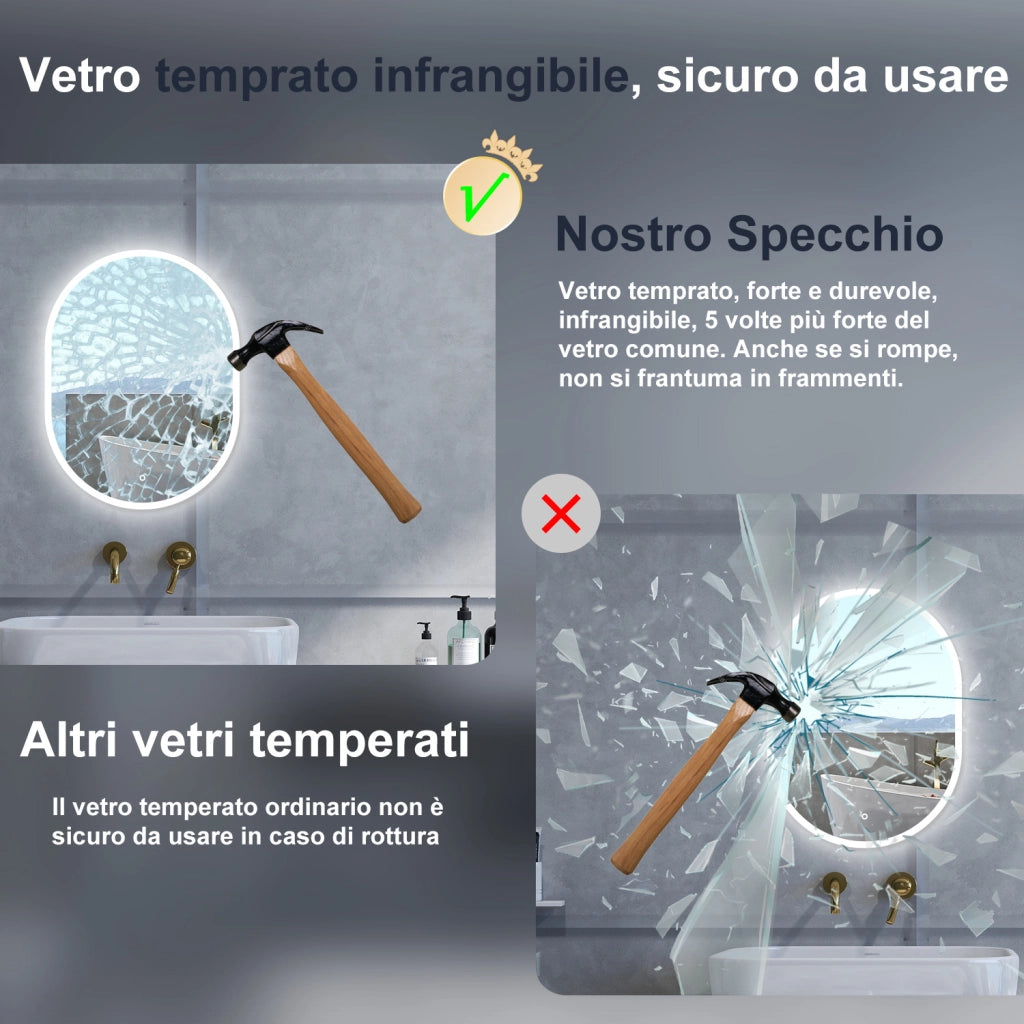 Specchio da bagno Ovale con 60x80cm,Memoria, Antifog,Regorabile,Retroilluminato,doppio interruttore,