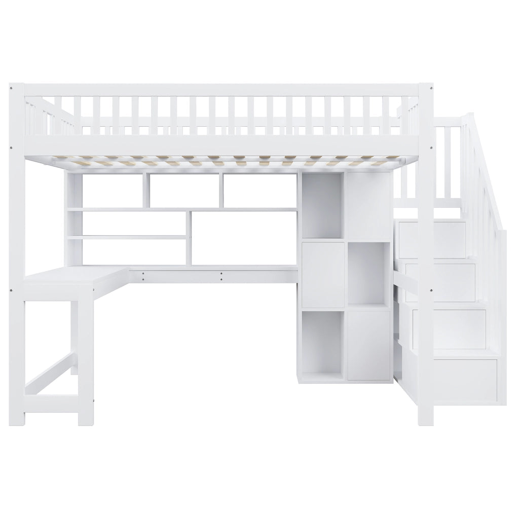 Letto a soppalco 140×200 cm con LED; scala contenitore; ripiani e scrivania; senza materasso; legno; bianco