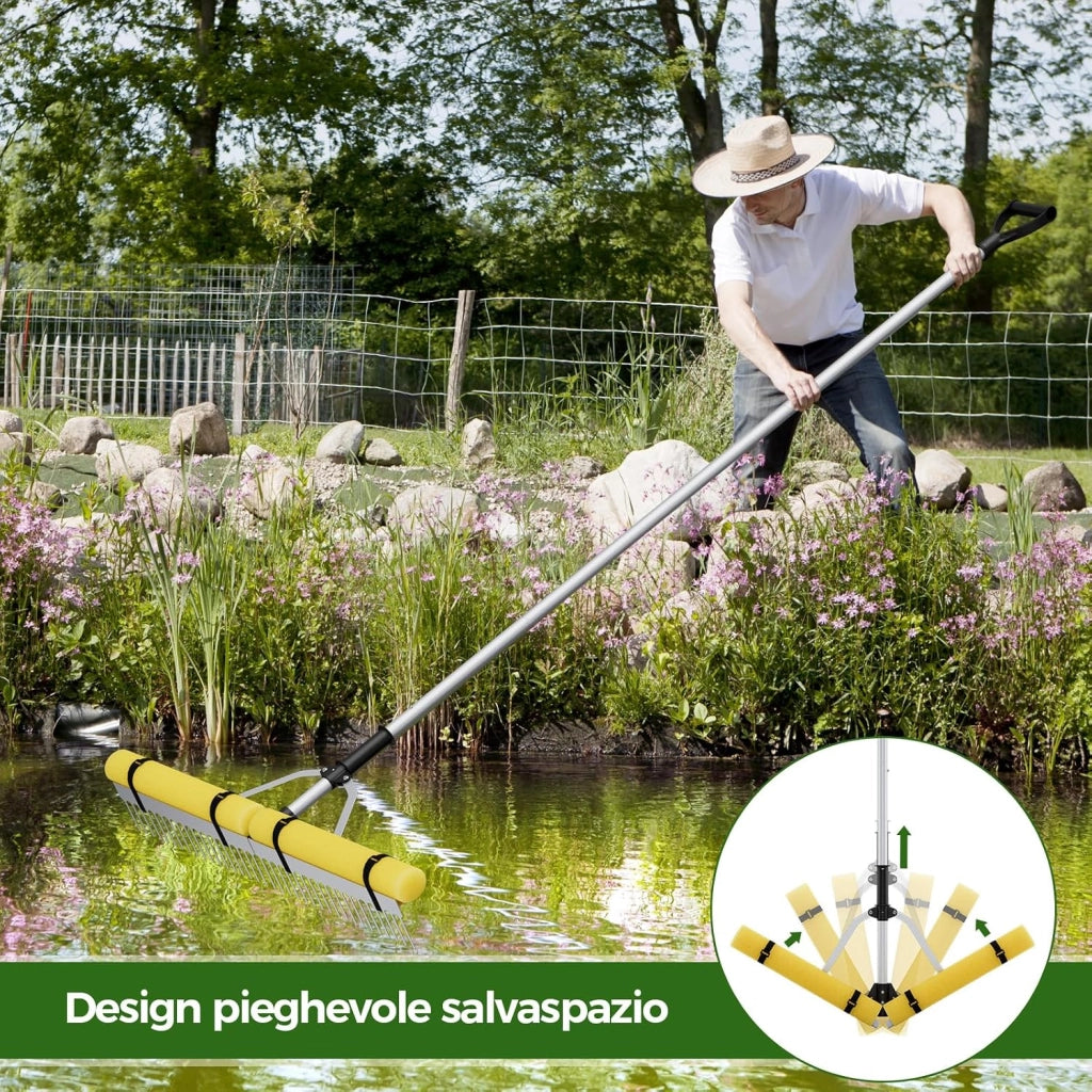 Rastrello da Lago in Alluminio, Rastrello da Giardino 36 Denti con Testa del Rastrello 92 cm, Manico Telescopico Regolabile e 600 cm Corda da Lancio per Ambienti Terra/Acqua, 230 x 92 cm